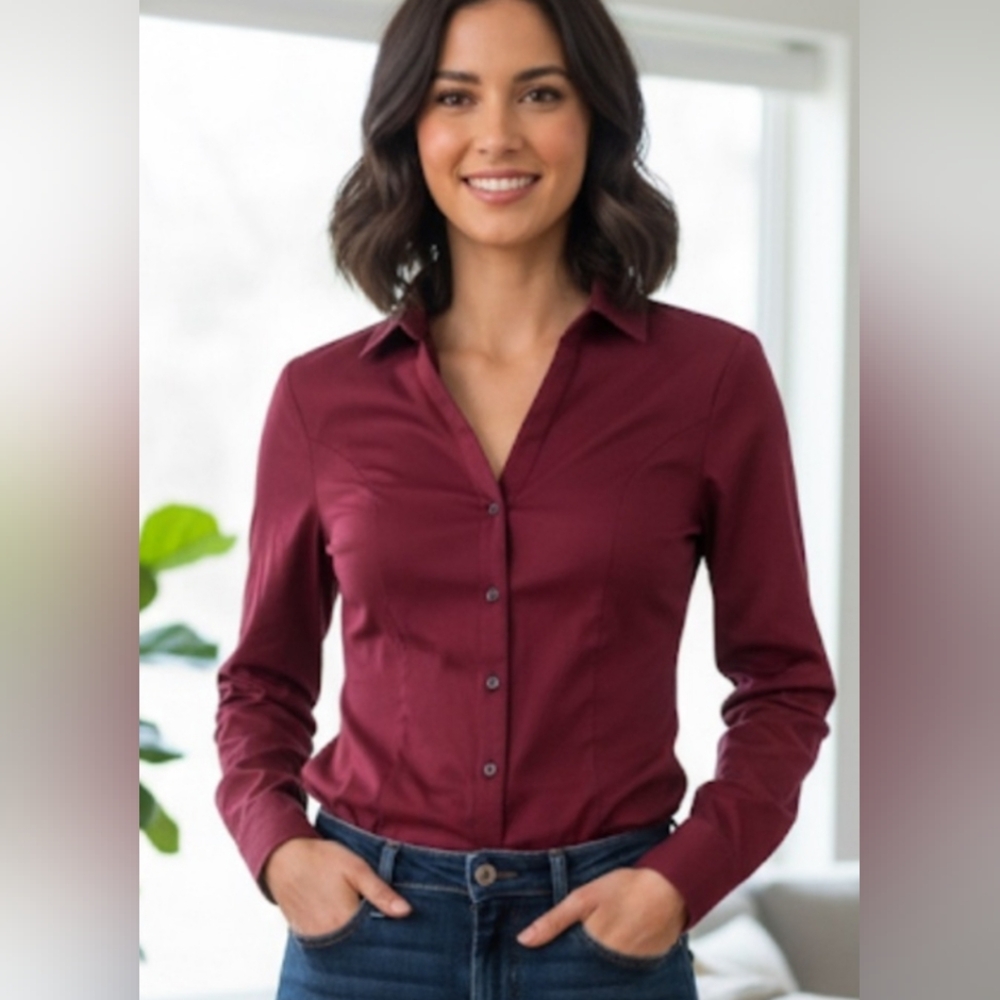 Express Women's Portofino Deep Red Button-Down Shirt, Small Petite